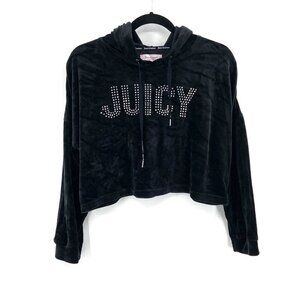 JUICY COUTURE Black Velour Velvet Bling Spellout Crop Hoodie Sweater Size Large